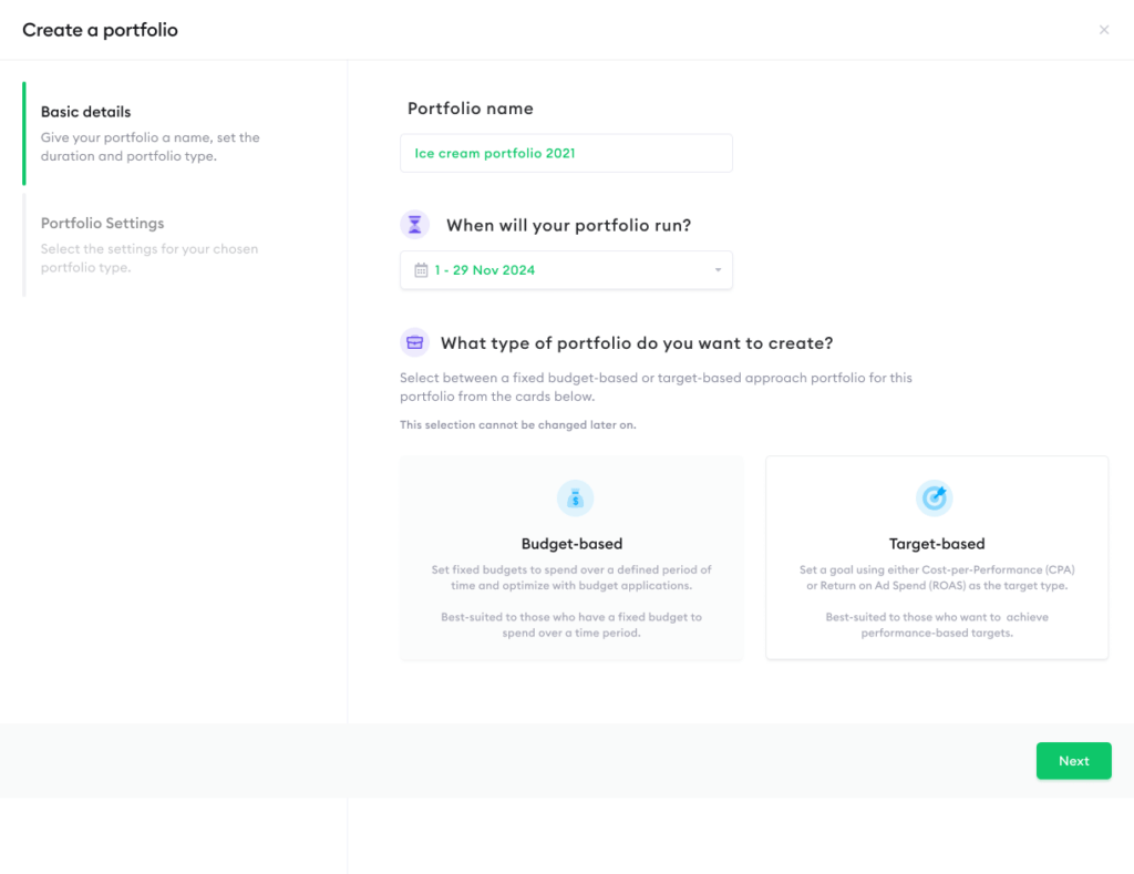 Creating a portfolio - the six setup fields - Nexoya Starter