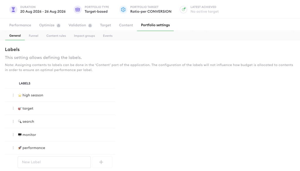 Working with labels - Labels in Portfolio settings creation - Nexoya Starter