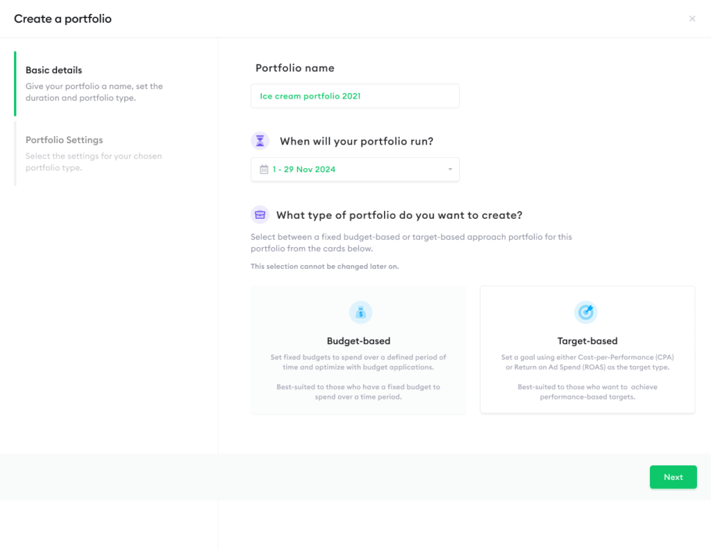 Creating a portfolio - the six setup fields - Nexoya Starter